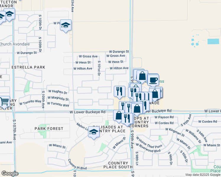 map of restaurants, bars, coffee shops, grocery stores, and more near 2500 South 99th Avenue in Tolleson