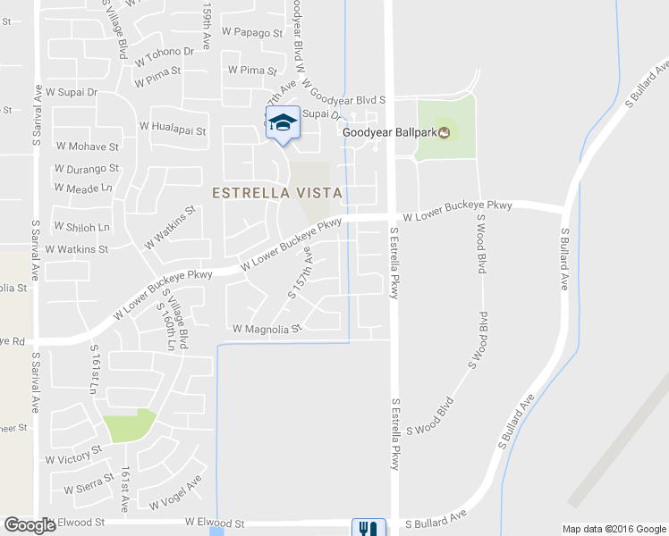 map of restaurants, bars, coffee shops, grocery stores, and more near 2602 South 156th Avenue in Goodyear