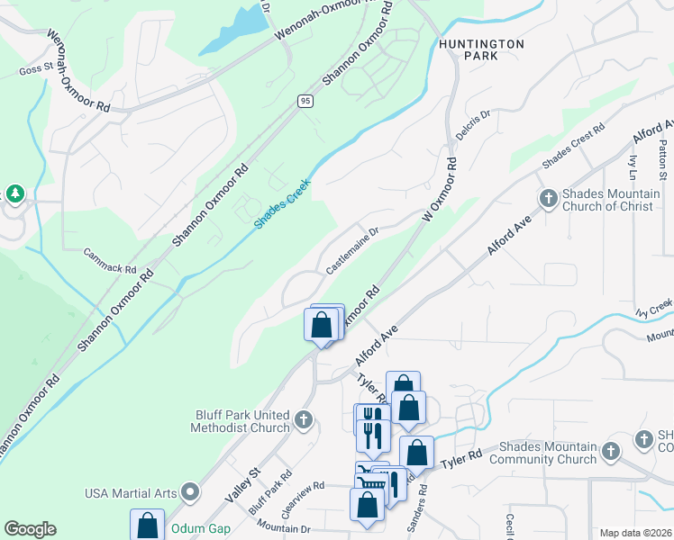 map of restaurants, bars, coffee shops, grocery stores, and more near 953 Castlemaine Drive in Birmingham