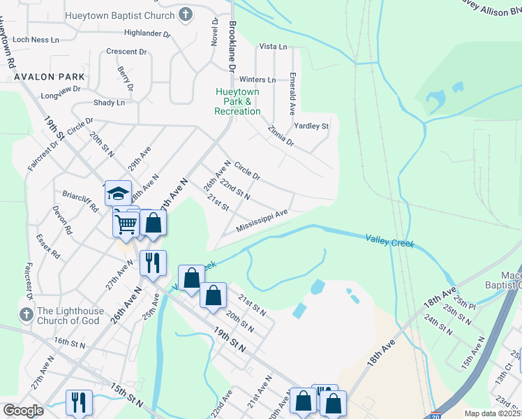 map of restaurants, bars, coffee shops, grocery stores, and more near 2428 22nd Street North in Bessemer