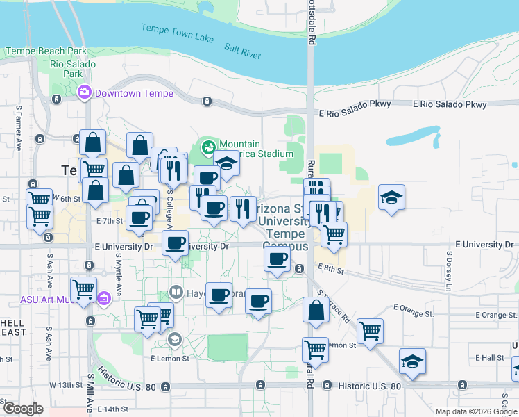 map of restaurants, bars, coffee shops, grocery stores, and more near 601 East 6th Street in Tempe