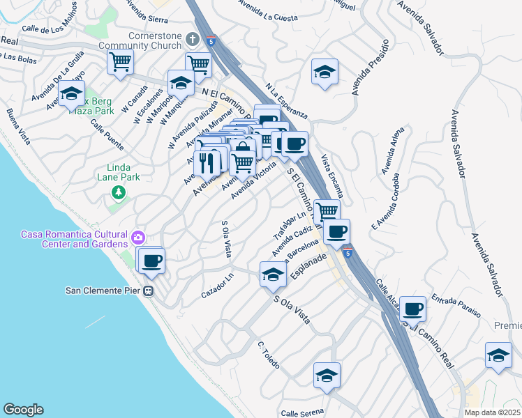 map of restaurants, bars, coffee shops, grocery stores, and more near 215 Avenida Santa Barbara in San Clemente