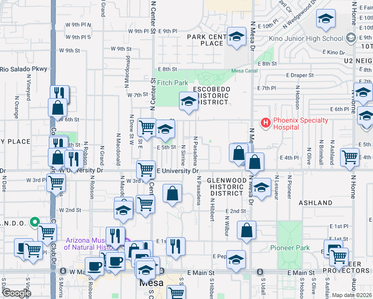 map of restaurants, bars, coffee shops, grocery stores, and more near 534 North Pasadena in Mesa