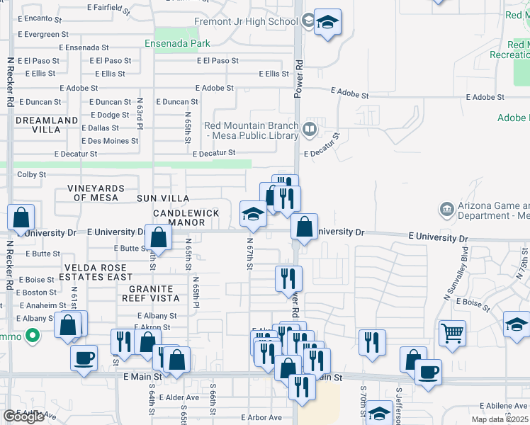 map of restaurants, bars, coffee shops, grocery stores, and more near 6710 East University Drive in Mesa