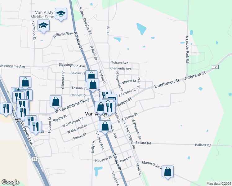 map of restaurants, bars, coffee shops, grocery stores, and more near 474 East Van Alstyne Parkway in Van Alstyne