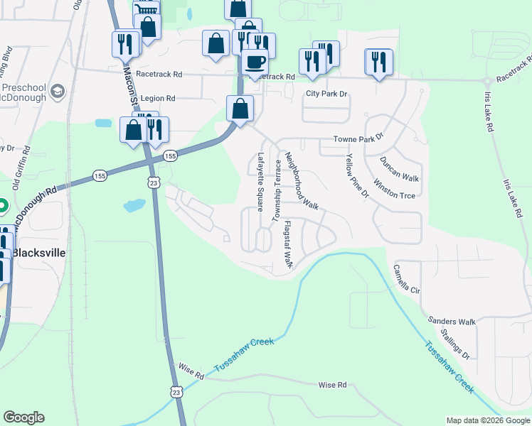 map of restaurants, bars, coffee shops, grocery stores, and more near 1680 Township Terrace in McDonough