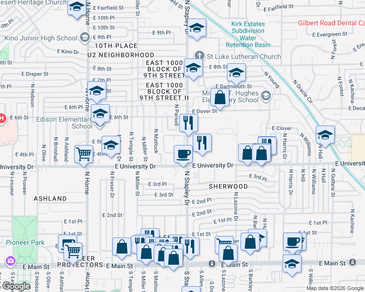 map of restaurants, bars, coffee shops, grocery stores, and more near 520 North Stapley Drive in Mesa