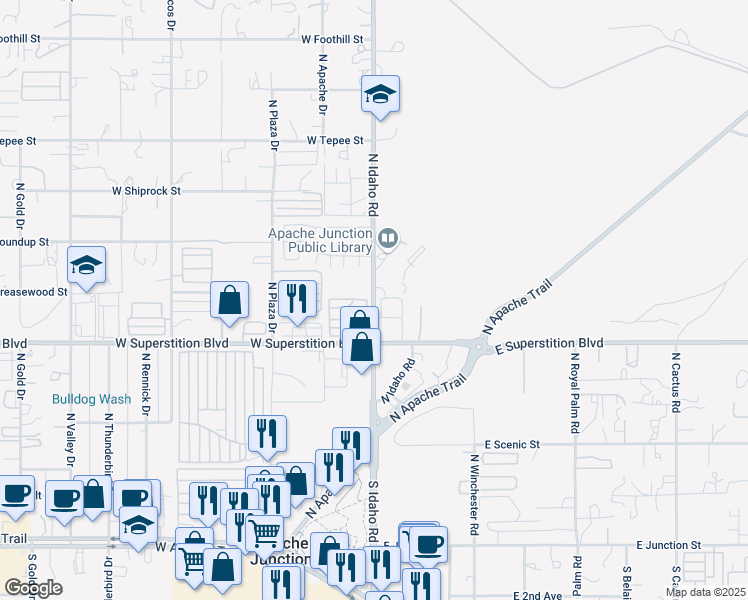 map of restaurants, bars, coffee shops, grocery stores, and more near 1001 North Idaho Road in Apache Junction