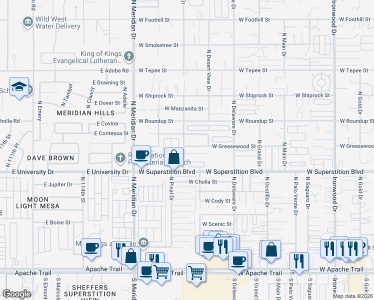 map of restaurants, bars, coffee shops, grocery stores, and more near 1031 North Warner Drive in Apache Junction