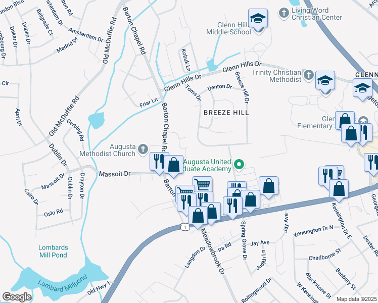 map of restaurants, bars, coffee shops, grocery stores, and more near 2707 Blossom Drive in Augusta