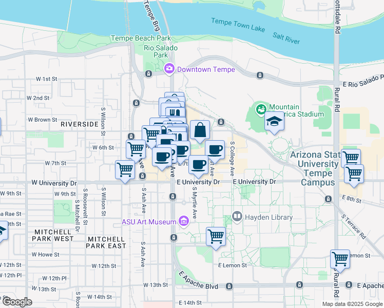 map of restaurants, bars, coffee shops, grocery stores, and more near in Tempe