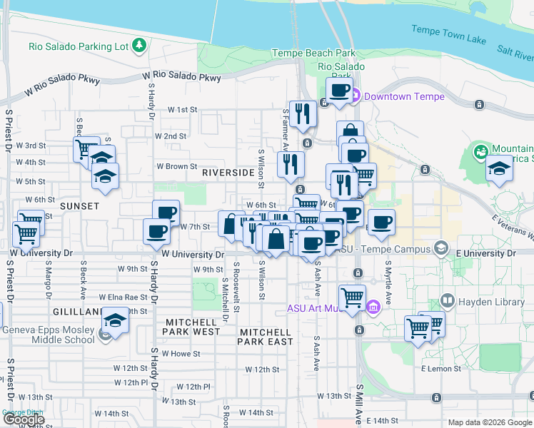 map of restaurants, bars, coffee shops, grocery stores, and more near 414 West 6th Street in Tempe
