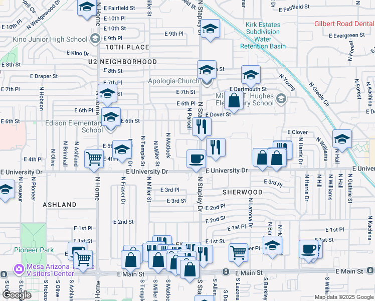 map of restaurants, bars, coffee shops, grocery stores, and more near East Eastwood Park in Mesa