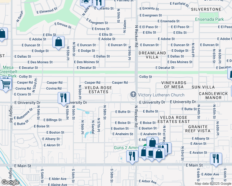 map of restaurants, bars, coffee shops, grocery stores, and more near 5848 East University Drive in Mesa