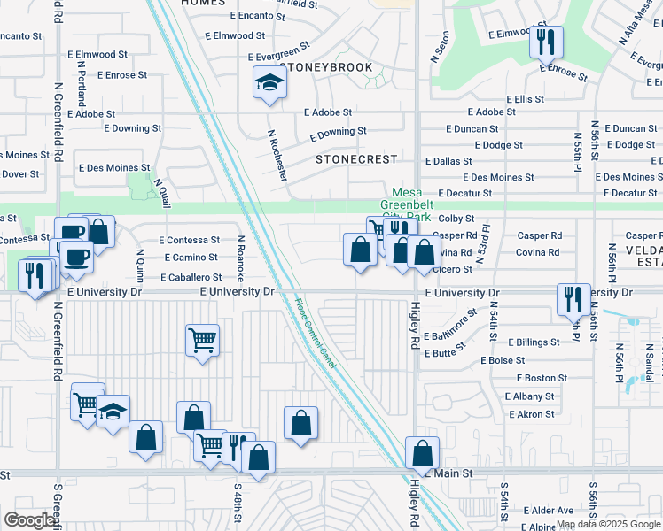 map of restaurants, bars, coffee shops, grocery stores, and more near 5017 Casper Road in Mesa