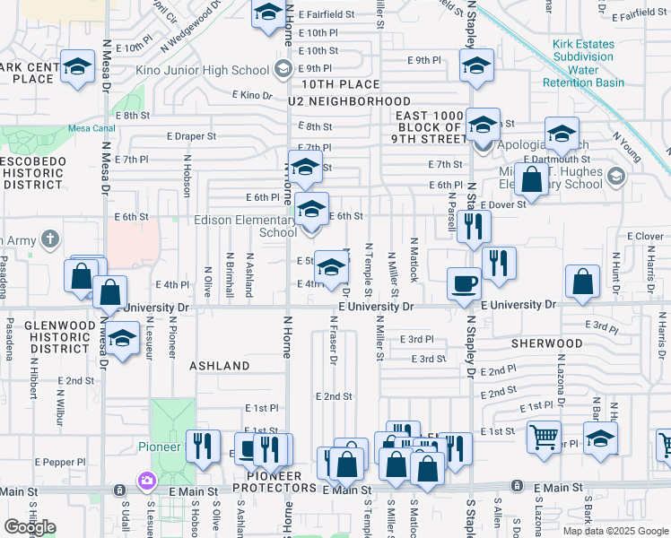 map of restaurants, bars, coffee shops, grocery stores, and more near 514 North Fraser Drive in Mesa