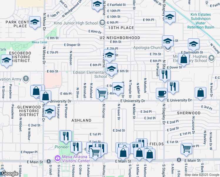 map of restaurants, bars, coffee shops, grocery stores, and more near 4 East 5th Street in Mesa