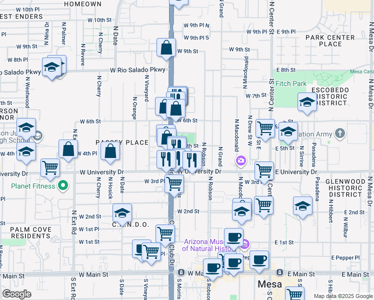 map of restaurants, bars, coffee shops, grocery stores, and more near 328 West 5th Street in Mesa