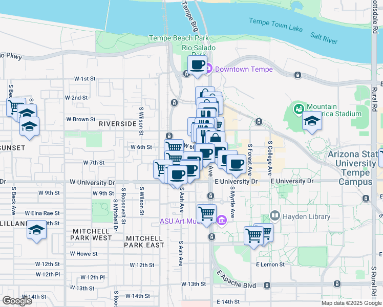 map of restaurants, bars, coffee shops, grocery stores, and more near 133 West 6th Street in Tempe