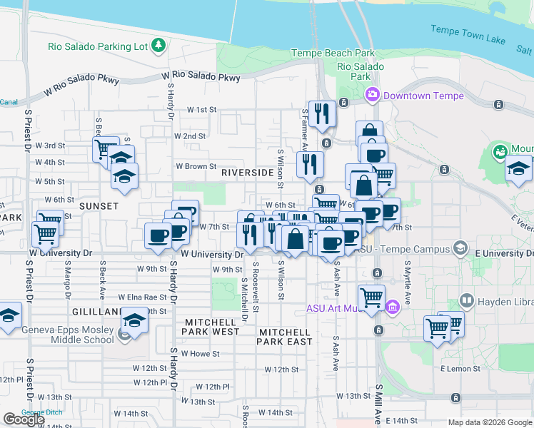 map of restaurants, bars, coffee shops, grocery stores, and more near 550 West 6th Street in Tempe
