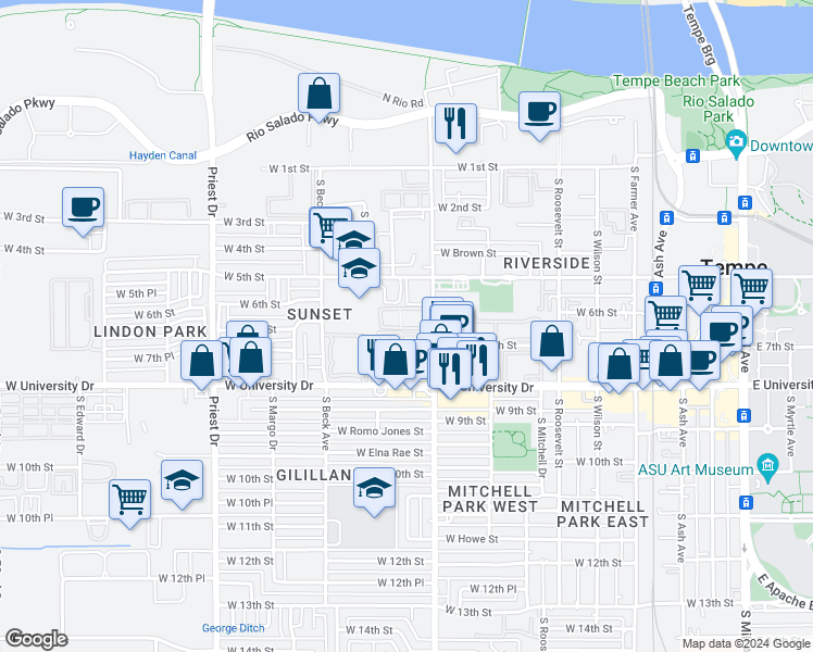 map of restaurants, bars, coffee shops, grocery stores, and more near 616 West Apartment in Tempe