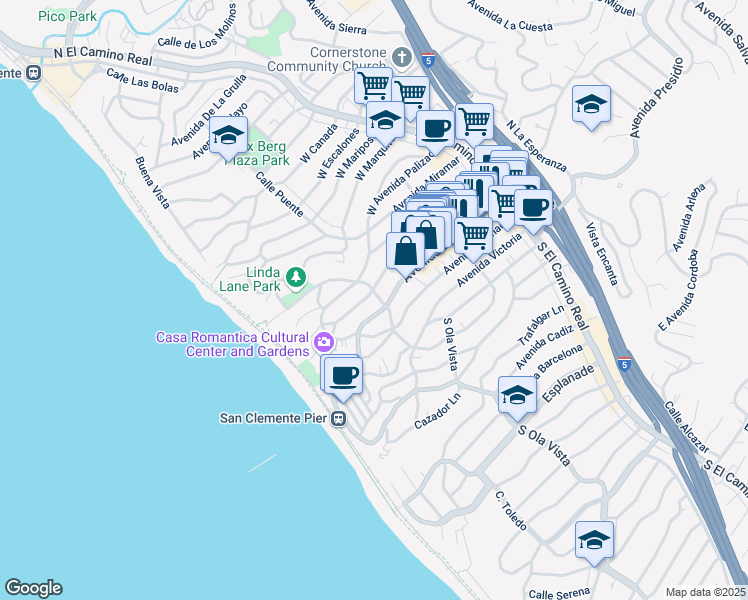 map of restaurants, bars, coffee shops, grocery stores, and more near 100 South Calle Seville in San Clemente