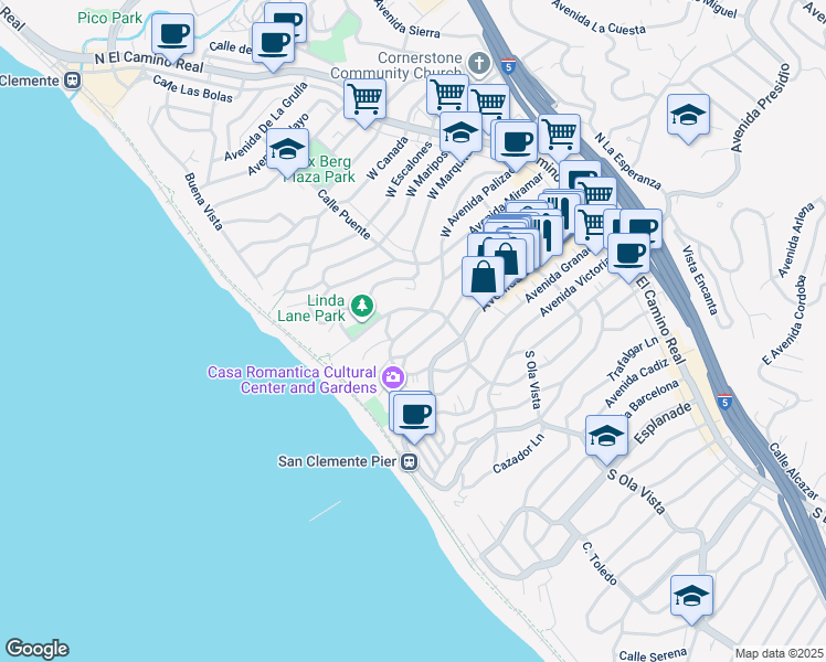 map of restaurants, bars, coffee shops, grocery stores, and more near 313 Encino Lane in San Clemente