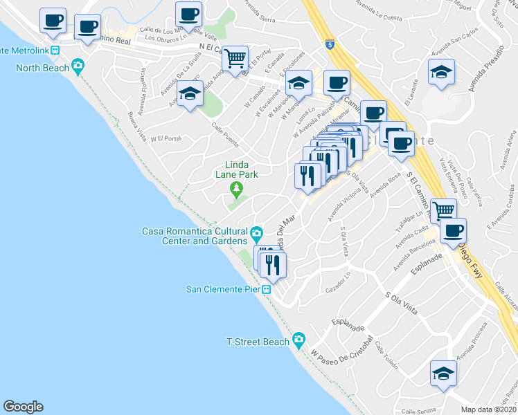 map of restaurants, bars, coffee shops, grocery stores, and more near 313 Encino Lane in San Clemente