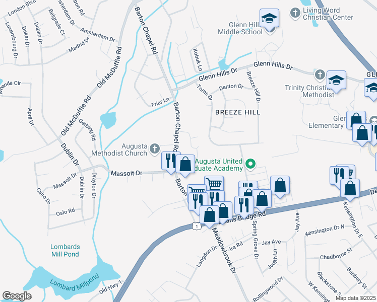 map of restaurants, bars, coffee shops, grocery stores, and more near 2634 Barton Chapel Road in Augusta