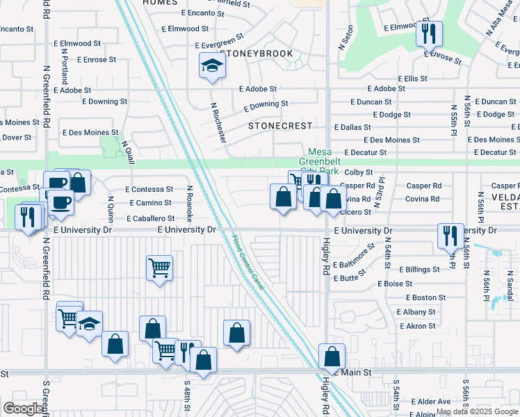 map of restaurants, bars, coffee shops, grocery stores, and more near 5017 Casper Road in Mesa