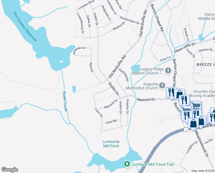 map of restaurants, bars, coffee shops, grocery stores, and more near 3702 Old McDuffie Road in Augusta