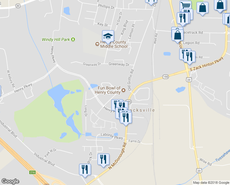 map of restaurants, bars, coffee shops, grocery stores, and more near 1134 Mcconaughy Court in McDonough