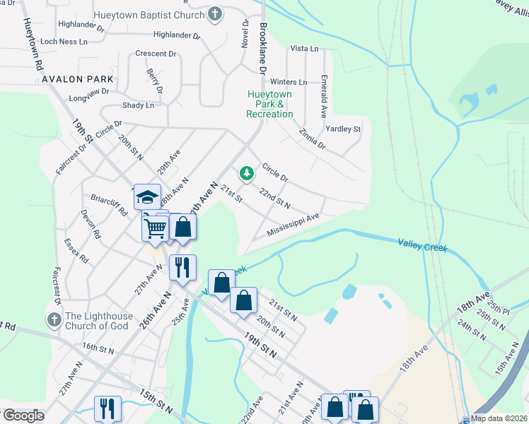 map of restaurants, bars, coffee shops, grocery stores, and more near 2501 21st Street in Hueytown