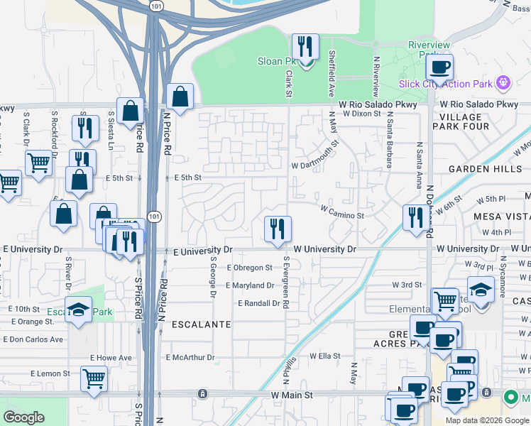 map of restaurants, bars, coffee shops, grocery stores, and more near 613 South Allred Drive in Tempe