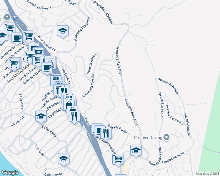 map of restaurants, bars, coffee shops, grocery stores, and more near 525 East Avenida San Juan in San Clemente