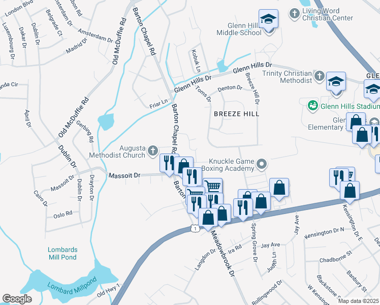 map of restaurants, bars, coffee shops, grocery stores, and more near 2634 Barton Chapel Road in Augusta