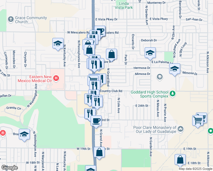 map of restaurants, bars, coffee shops, grocery stores, and more near 2504 North Grand Avenue in Roswell