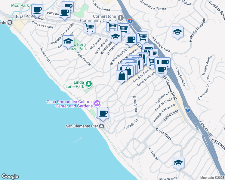 map of restaurants, bars, coffee shops, grocery stores, and more near Calle Puente in San Clemente