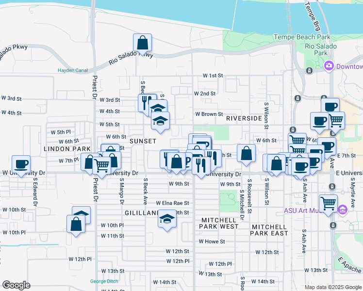 map of restaurants, bars, coffee shops, grocery stores, and more near 616 West Apartment in Tempe