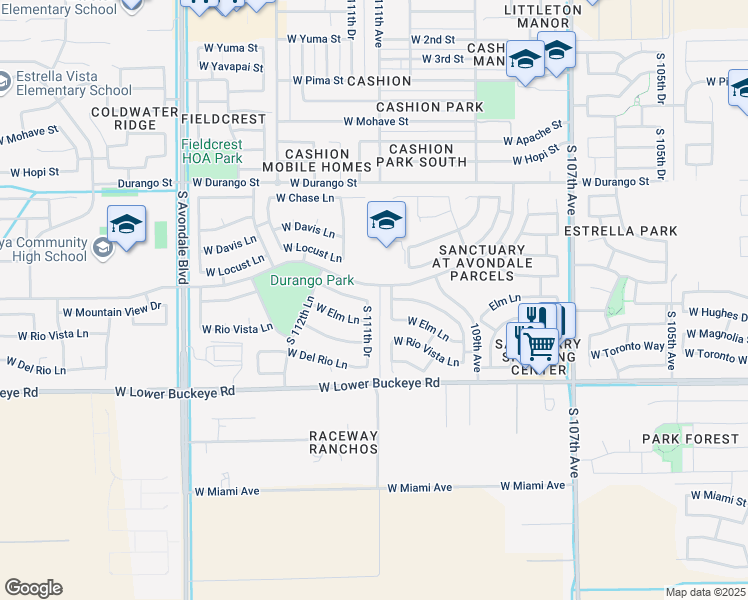 map of restaurants, bars, coffee shops, grocery stores, and more near 2402 South 110th Drive in Avondale