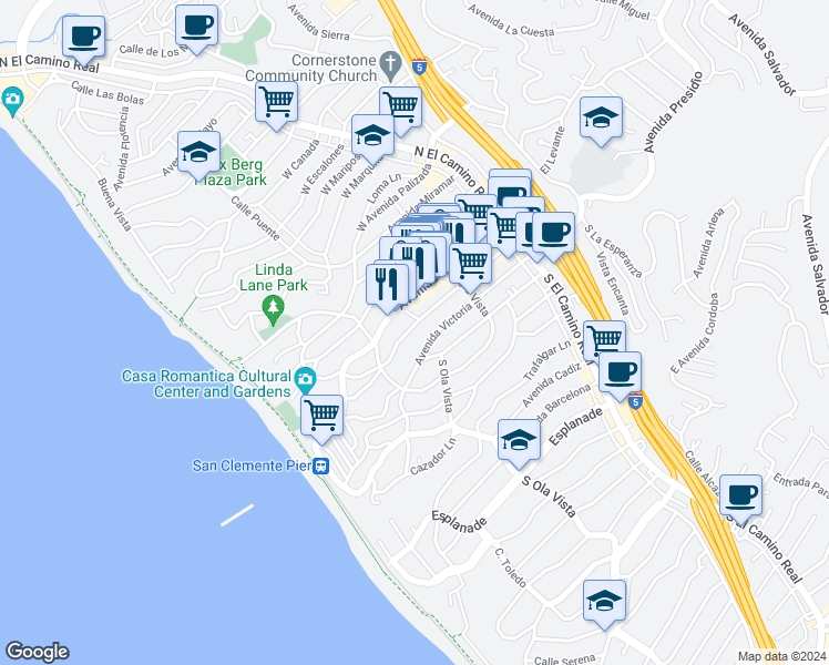 map of restaurants, bars, coffee shops, grocery stores, and more near 239 Avenida Granada in San Clemente
