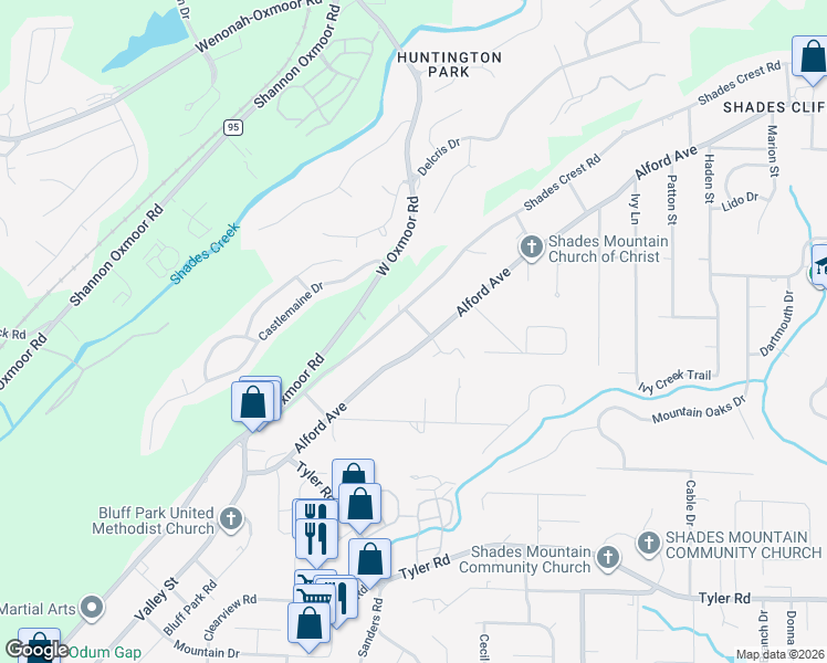 map of restaurants, bars, coffee shops, grocery stores, and more near 901 Shades Crest Road in Birmingham