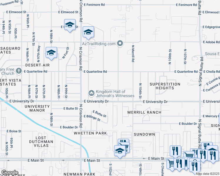 map of restaurants, bars, coffee shops, grocery stores, and more near 508 North 102nd Place in Mesa