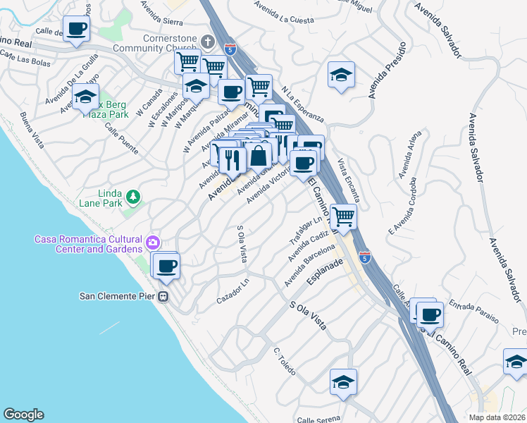 map of restaurants, bars, coffee shops, grocery stores, and more near 202 Avenida Rosa in San Clemente
