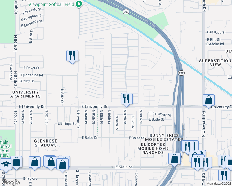 map of restaurants, bars, coffee shops, grocery stores, and more near East Viewpoint Trailer Resort in Mesa