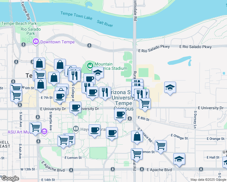 map of restaurants, bars, coffee shops, grocery stores, and more near 651 East 6th Street in Tempe