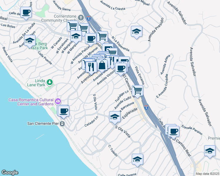 map of restaurants, bars, coffee shops, grocery stores, and more near 202 Avenida Rosa in San Clemente