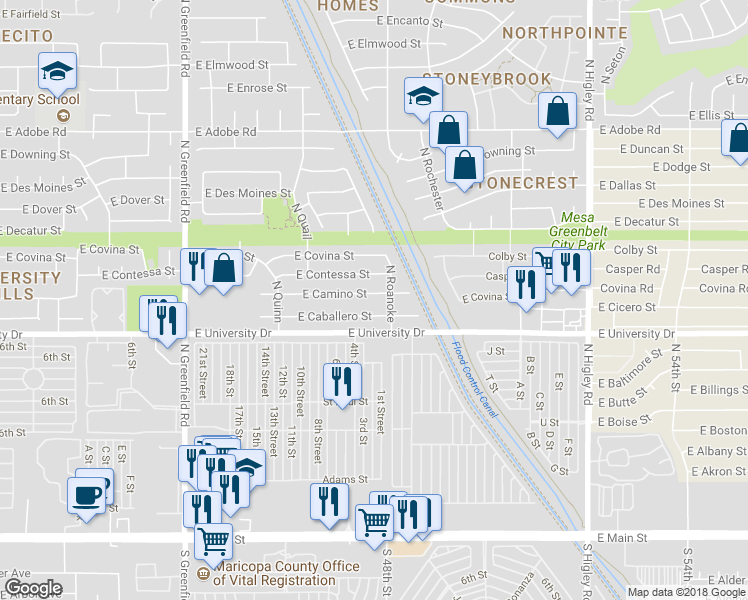 map of restaurants, bars, coffee shops, grocery stores, and more near 4728 East Camino Street in Mesa
