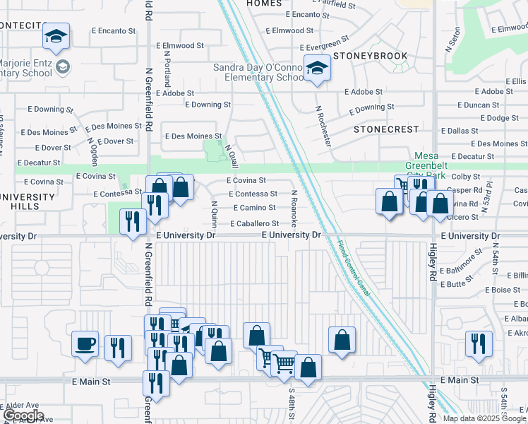 map of restaurants, bars, coffee shops, grocery stores, and more near 4728 East Camino Street in Mesa