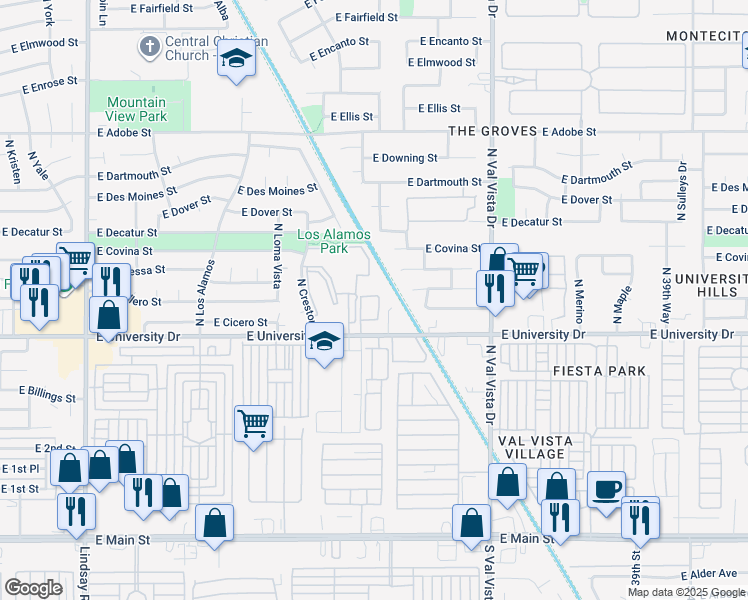 map of restaurants, bars, coffee shops, grocery stores, and more near 3420 East University Drive in Mesa